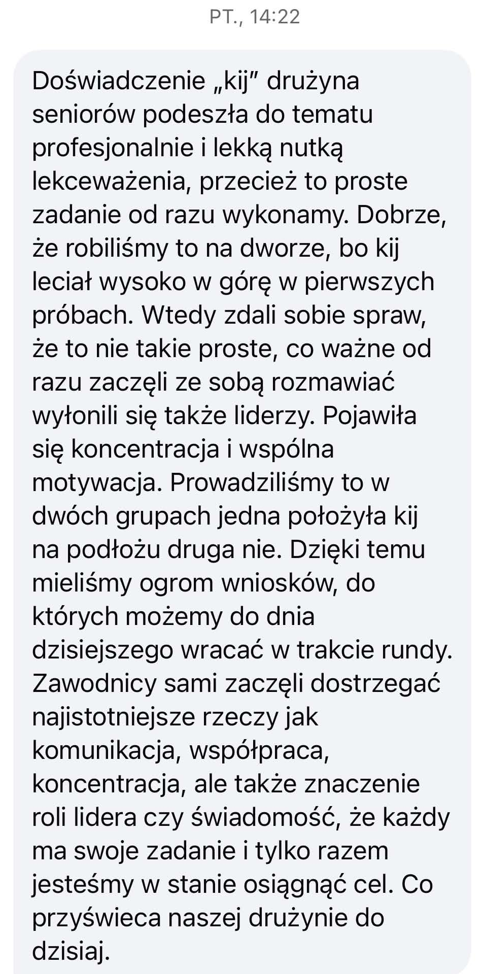 Długa opinia trenera po warsztacie Kij
